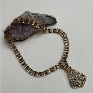 Antique Art Nouveau Gold Tone Filigree Seed Pearls Faux Diamonds Necklace